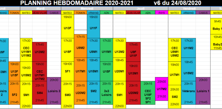 Planning entrainements