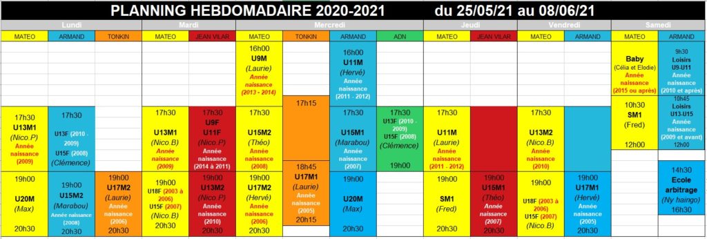 Planning entrainement BCCL 25/05/ au 08/06/2021 en gymnases version du 21/05/2021